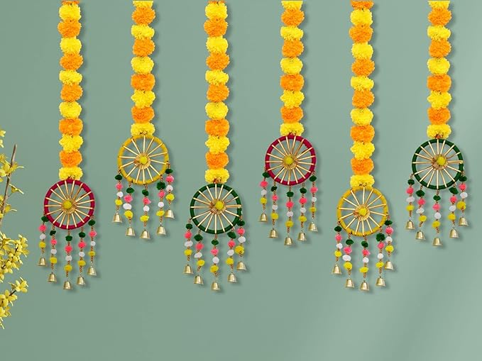 Wool Handmade Artificial Marigold Fluffy Flowers with Ring Bell Hanging Latkan Toran For Home, Festival, Wedding, Temple Pooja Room Decoration (Pack of 6)