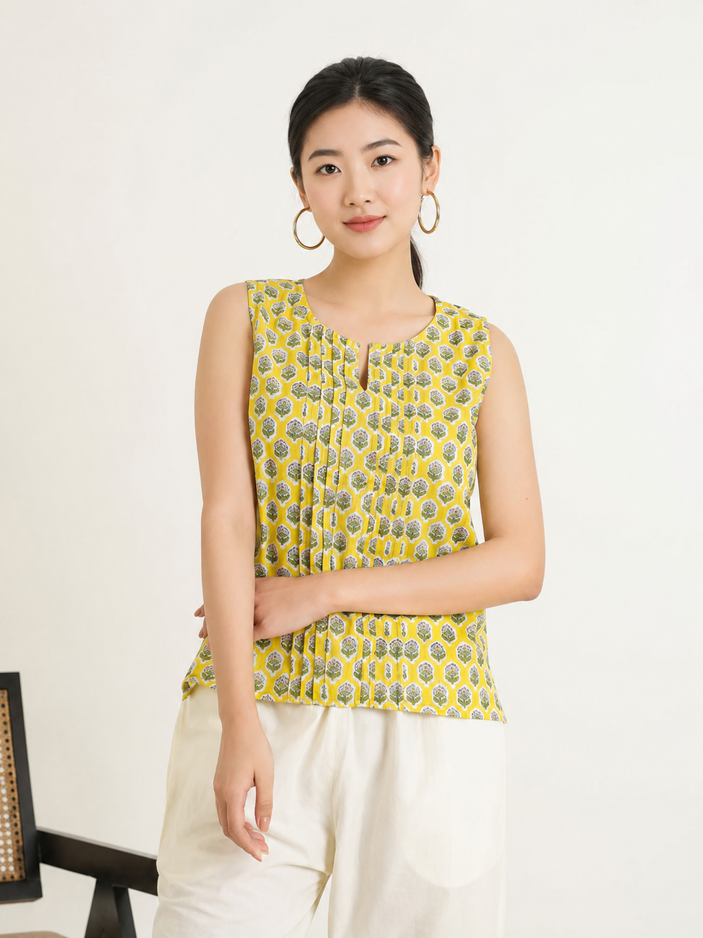 Sleeveless Cotton Pintucks Top Yellow