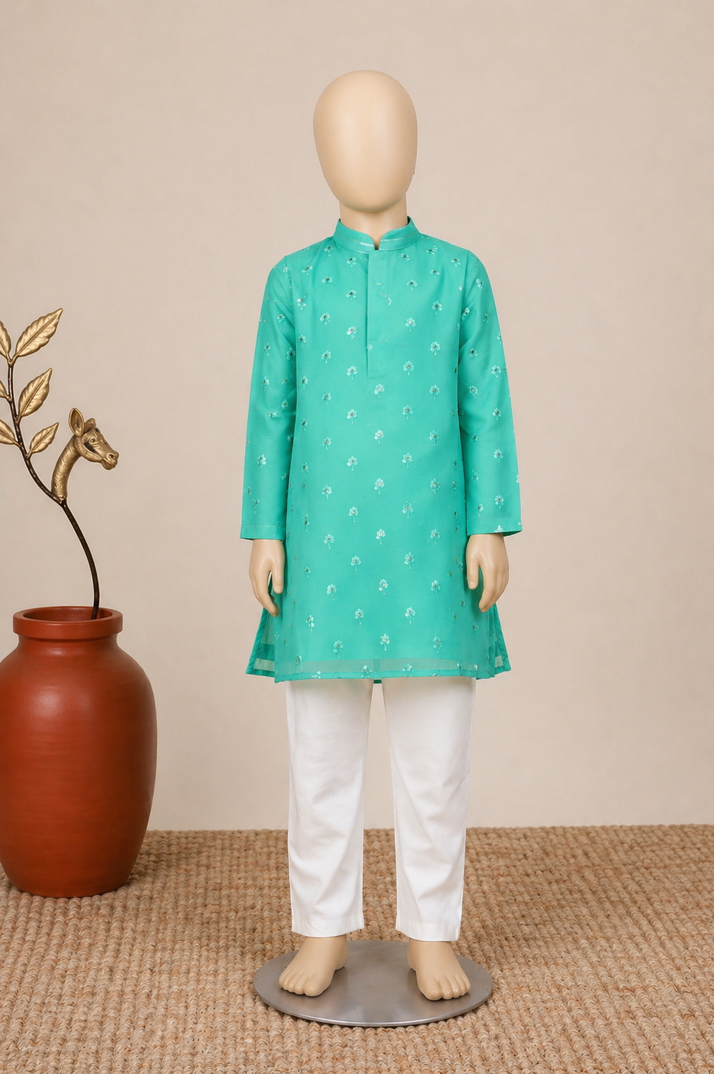 Green Chanderi Dhoti Set for Toddler Boys with Mirror Embroidery × 1