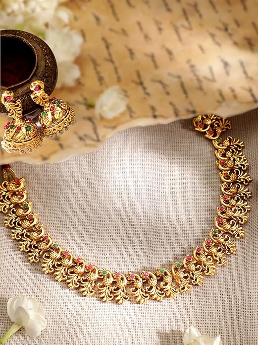 Rubans 22k Gold-Plated Red & Green Stone Studded Handcrafted Traditional Temple Jewellery Set For Women