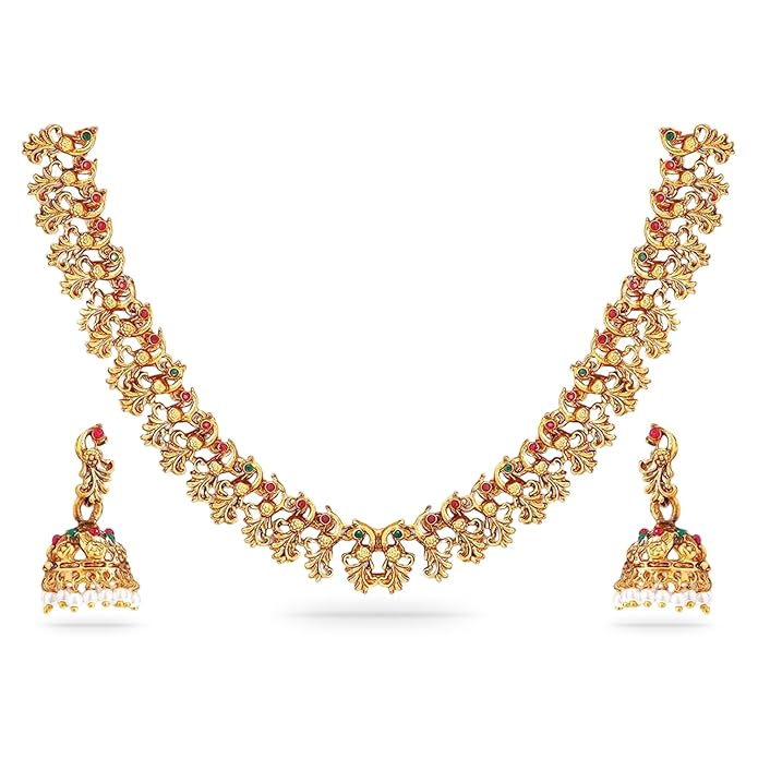 Rubans 22k Gold-Plated Red & Green Stone Studded Handcrafted Traditional Temple Jewellery Set For Women
