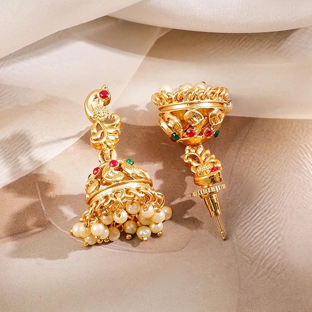 Rubans 22k Gold-Plated Red & Green Stone Studded Handcrafted Traditional Temple Jewellery Set For Women