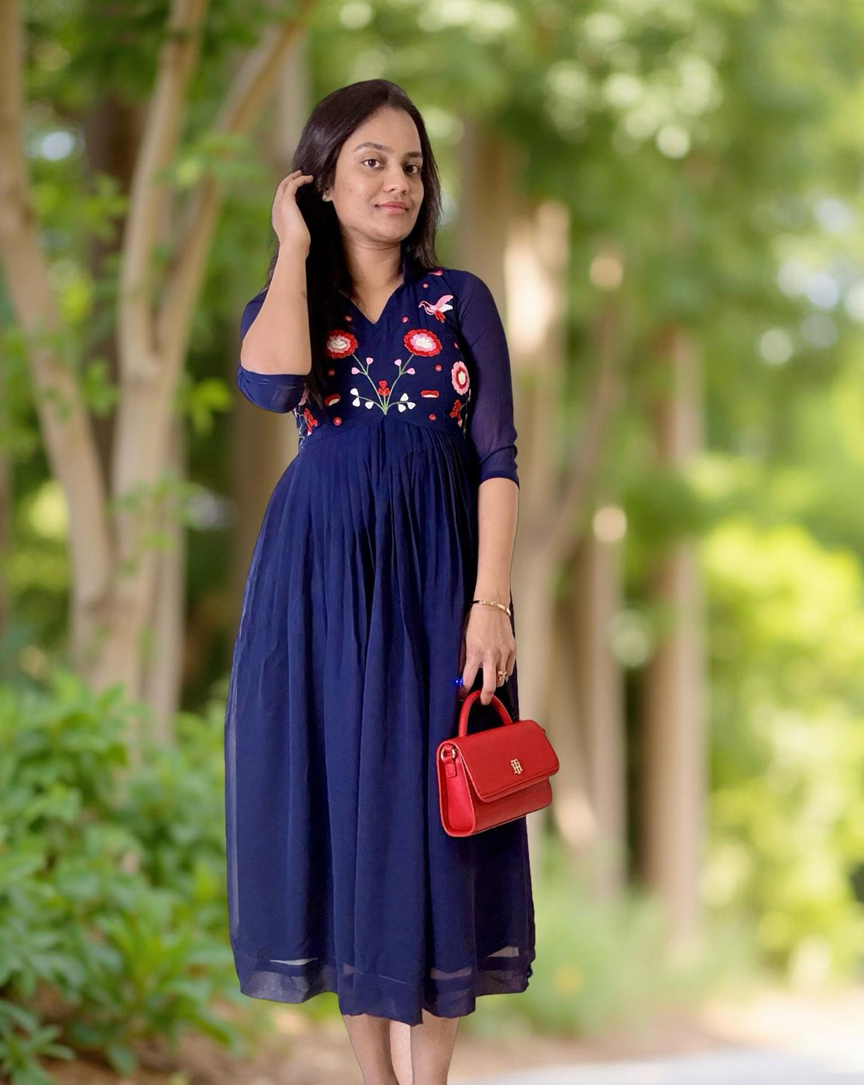 Navy Blue midi length Georgette Frock with embroidery work