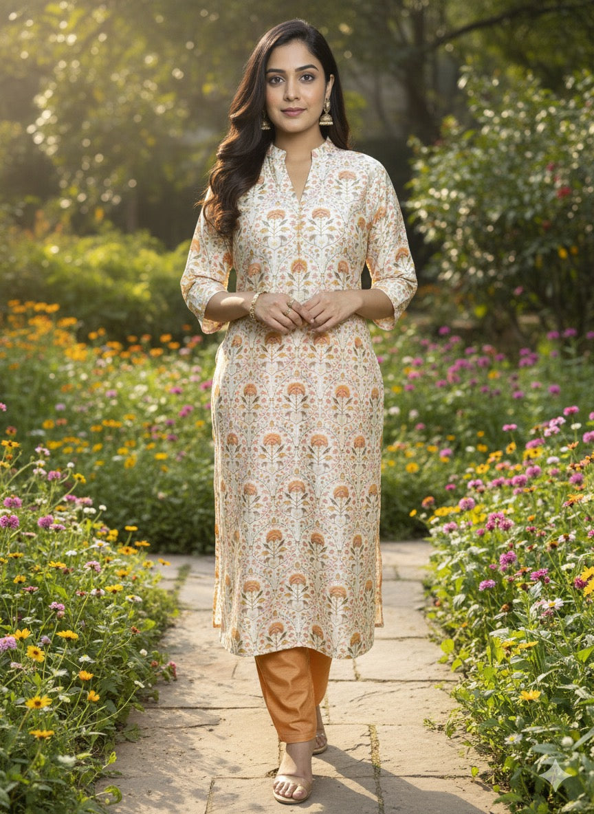 Chanderi Floral Kurta with Cotton Pants