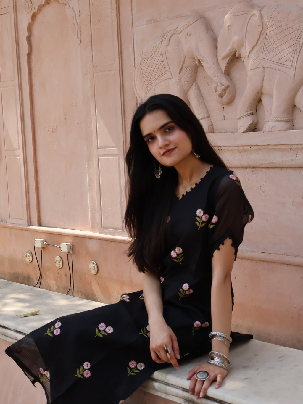 Black Floral Kota Kurti