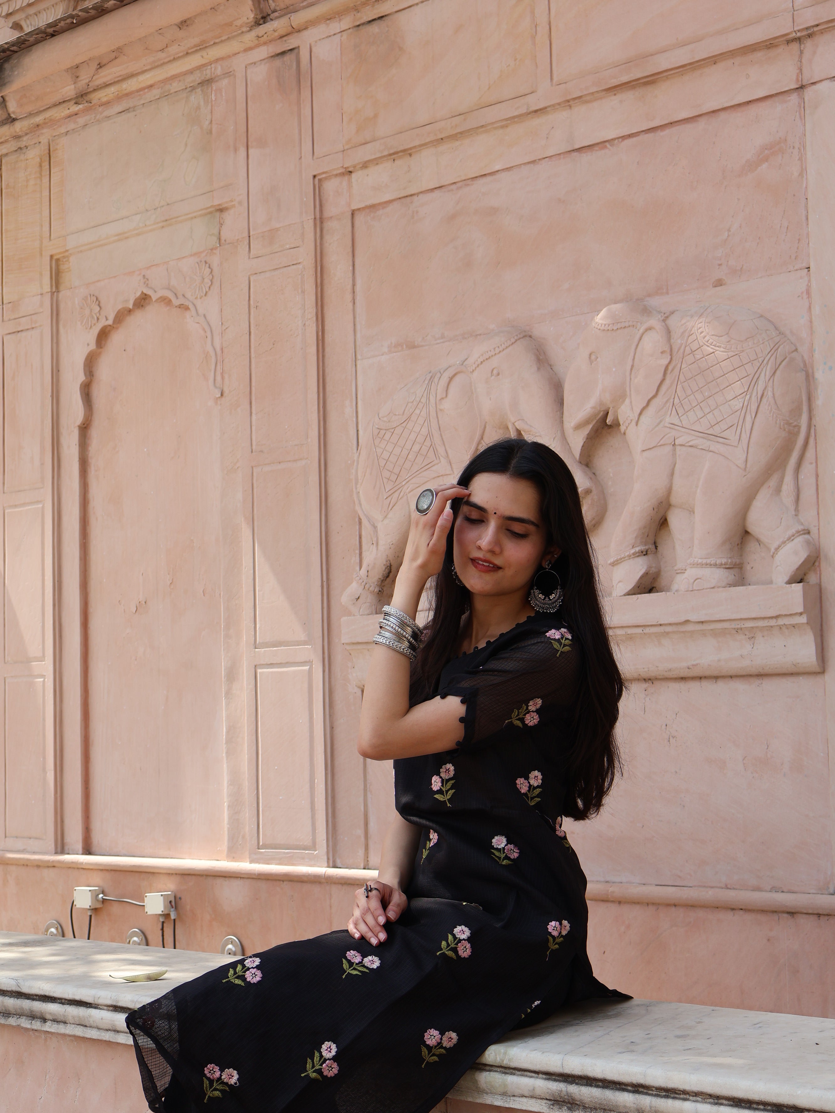 Black Floral Kota Kurti