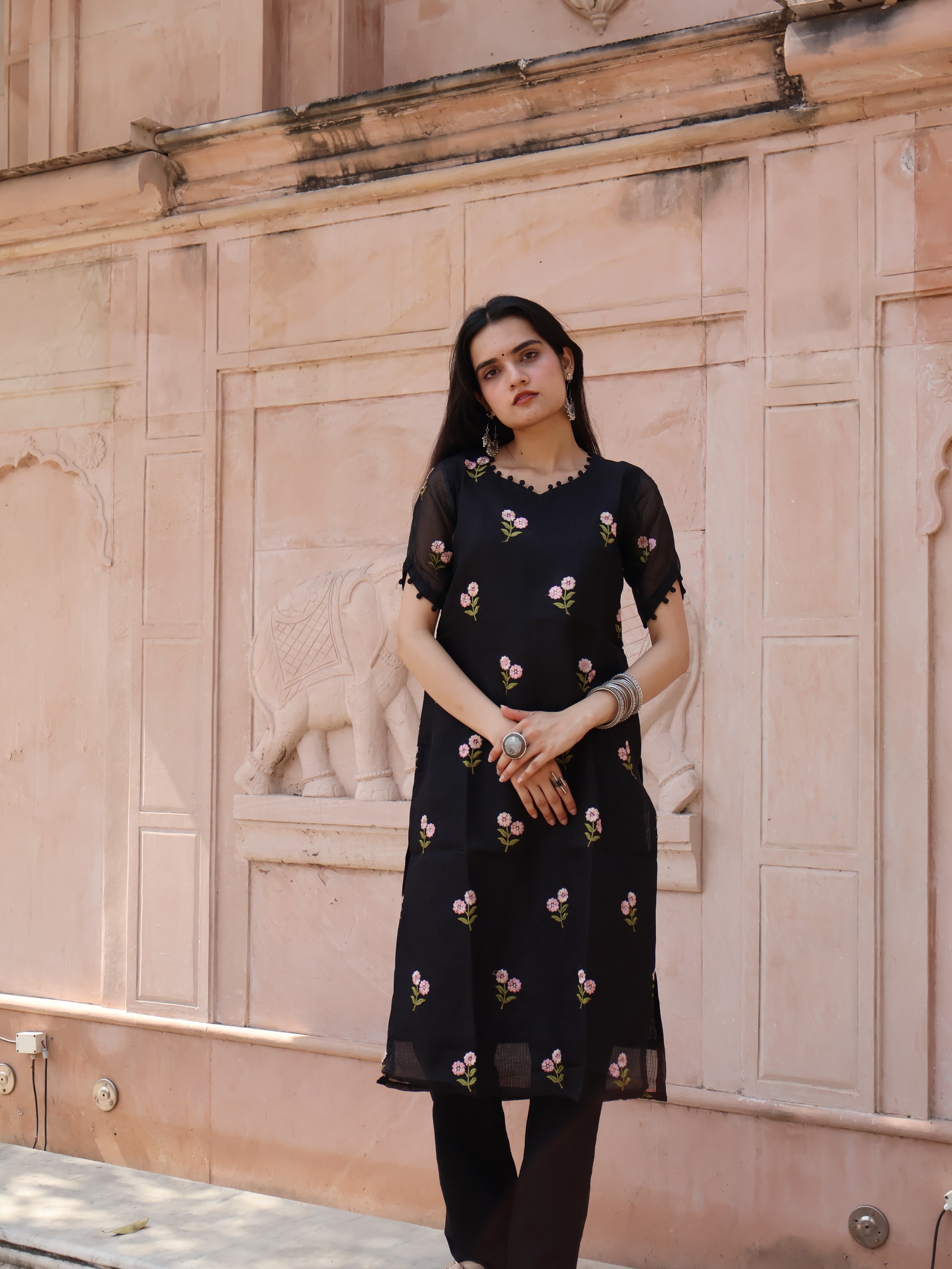 Black Floral Kota Kurti