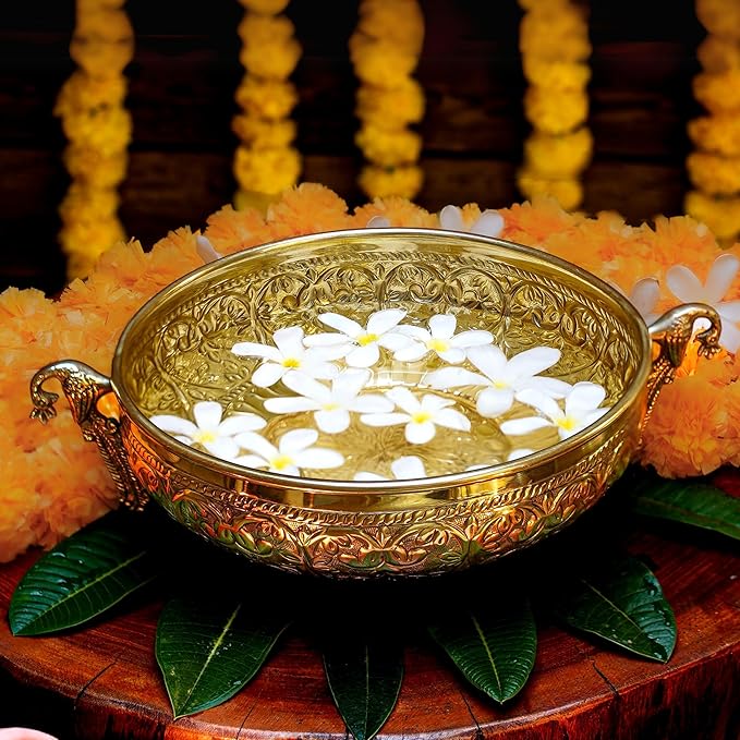 Ethnic Carved Peacock Design 9.5 Inch Brass Urli Bowl Golden Center Table Flower Decorative Bowl for Home Decor, Urali for Diwali, Durga Puja & Navratri Pooja Deepawali Decoration, 1 pc, 1000ML