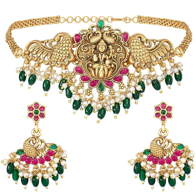 Peora Traditional Gold Plated Red Green Beads Studded Choker Necklace Dangle Earrings Set Ethnic Stylish Fashion Jewellery Gift for Women & Girls