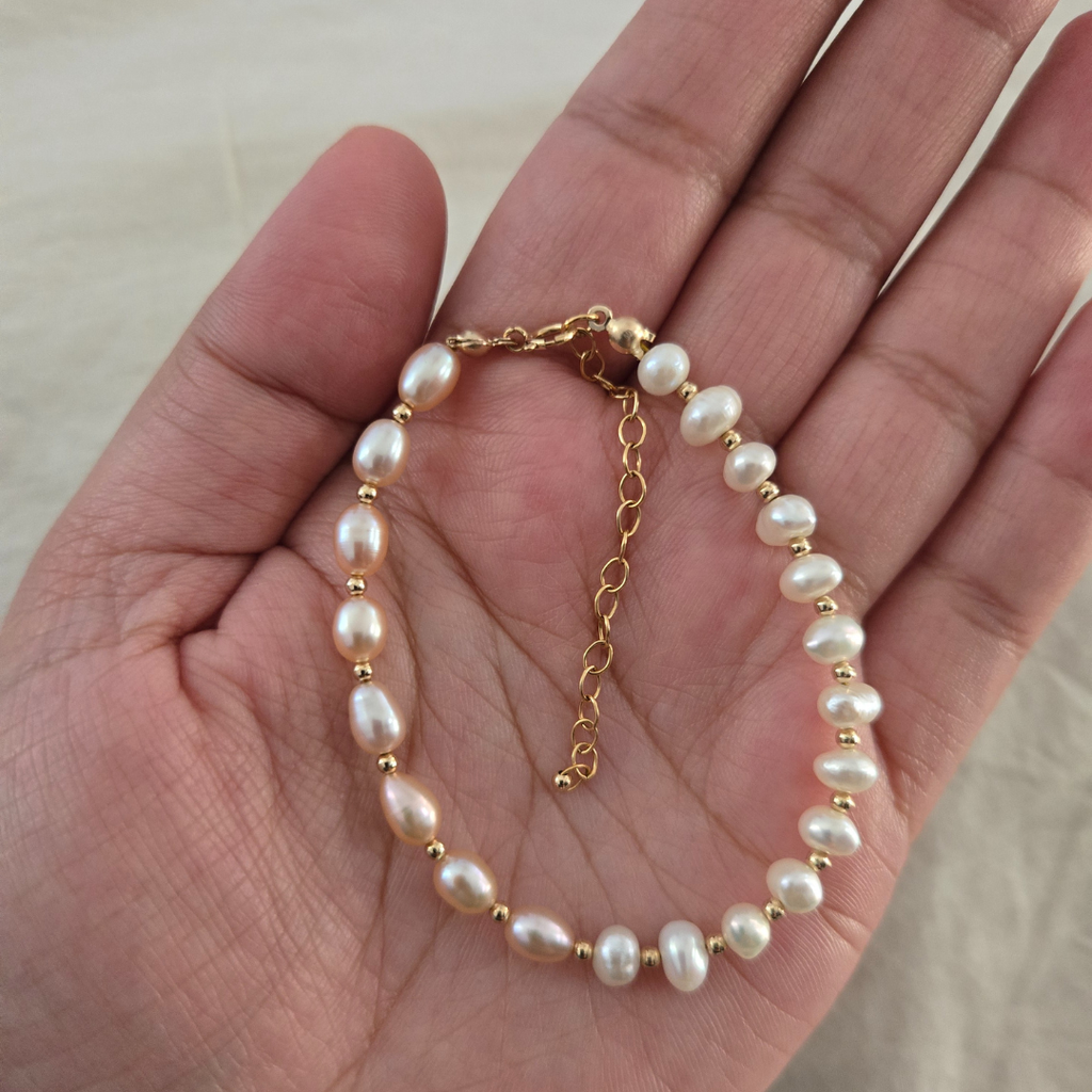 14k Gold Filled Pink and White Freshwater Pearl Bracelet
