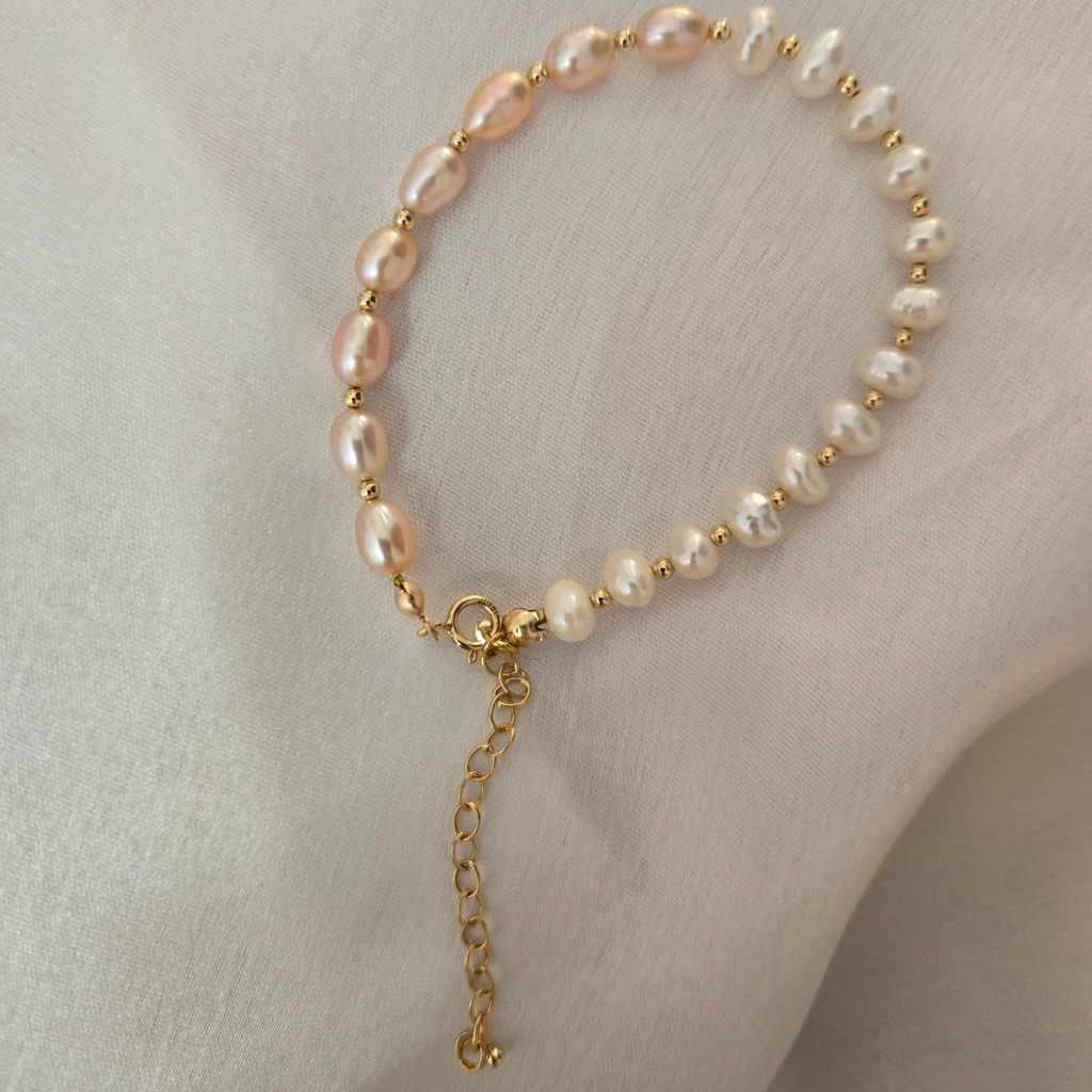 14k Gold Filled Pink and White Freshwater Pearl Bracelet
