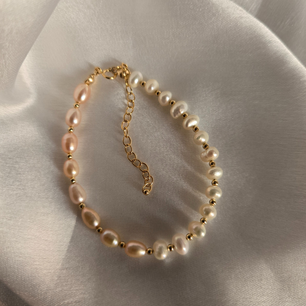 14k Gold Filled Pink and White Freshwater Pearl Bracelet