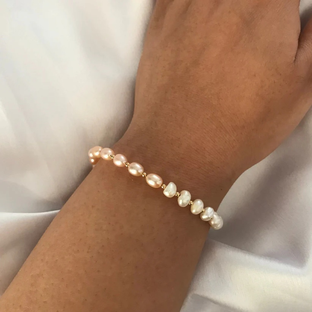 14k Gold Filled Pink and White Freshwater Pearl Bracelet