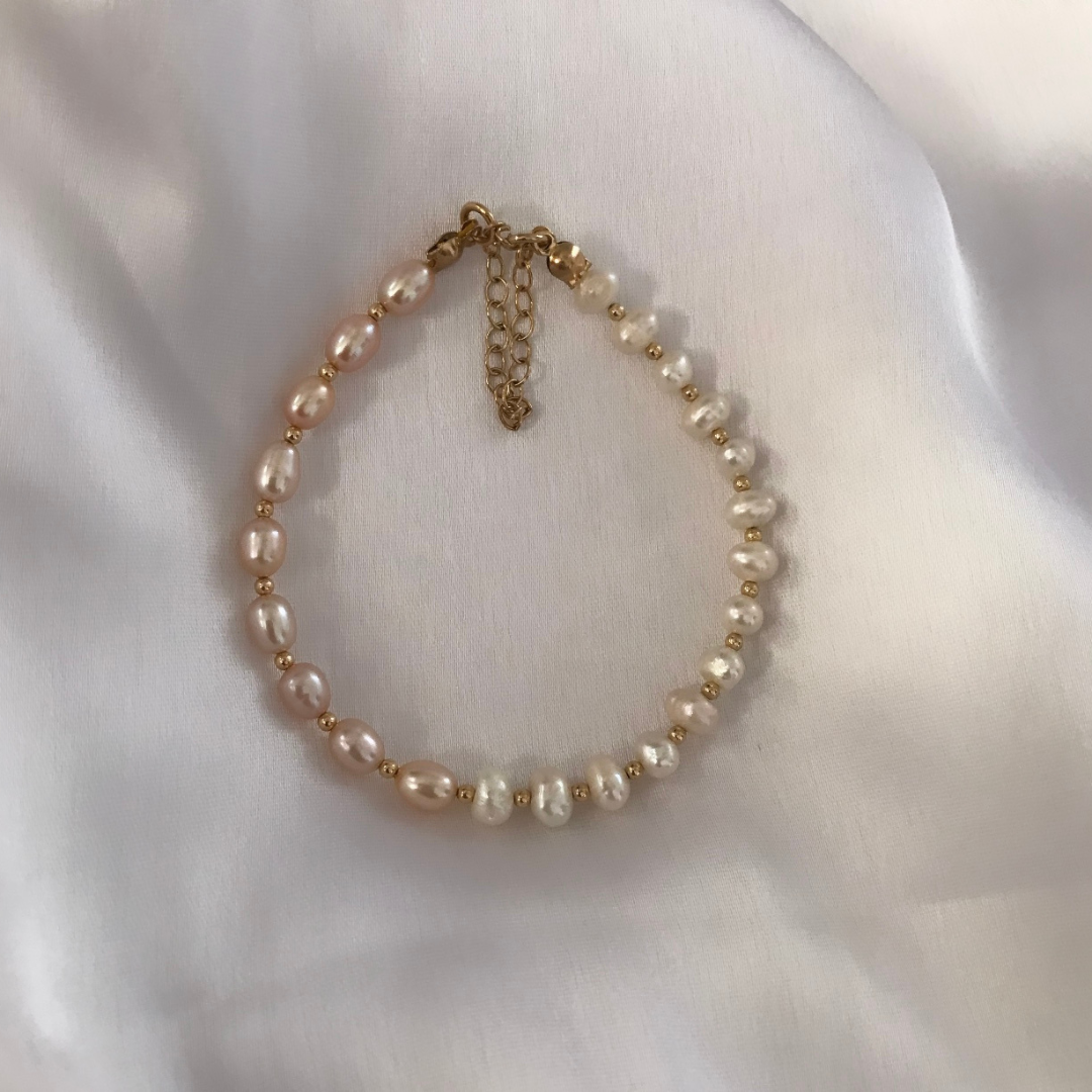 14k Gold Filled Pink and White Freshwater Pearl Bracelet