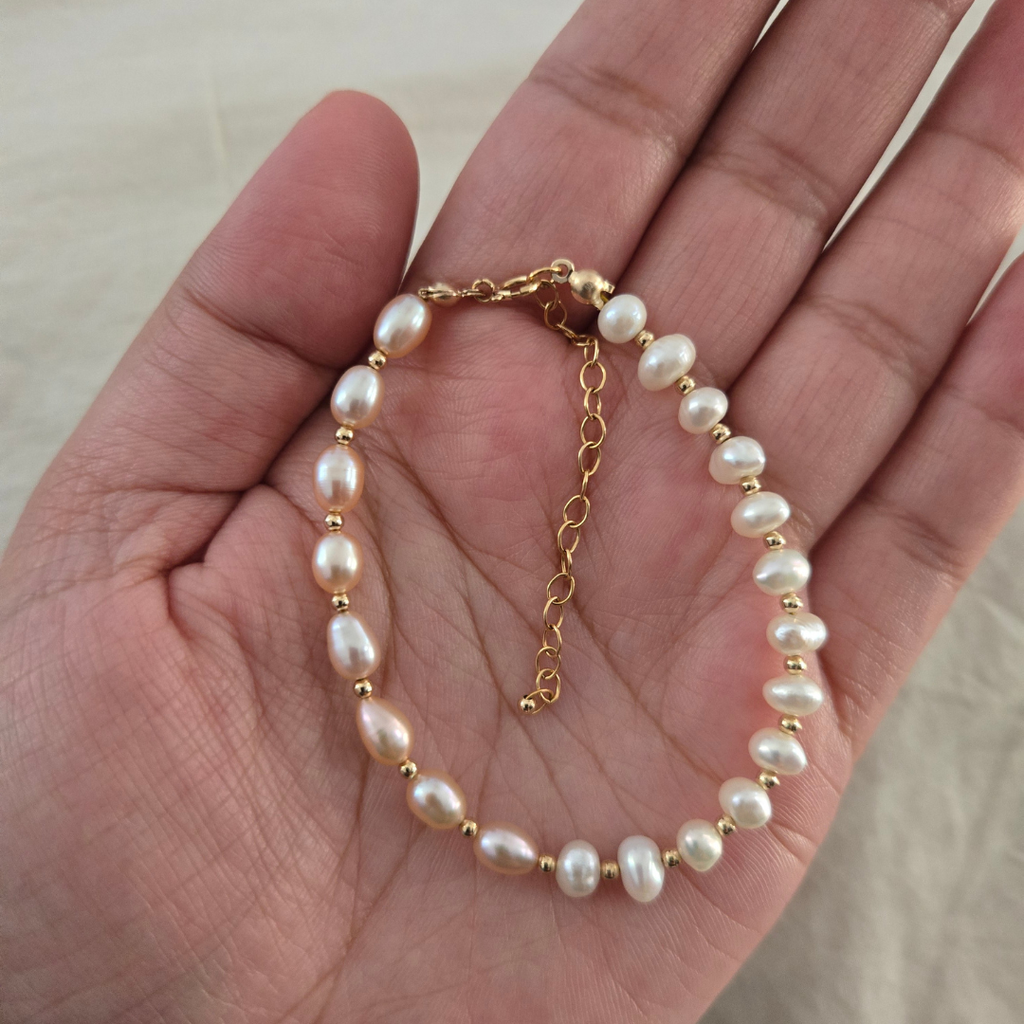 14k Gold Filled Pink and White Freshwater Pearl Bracelet