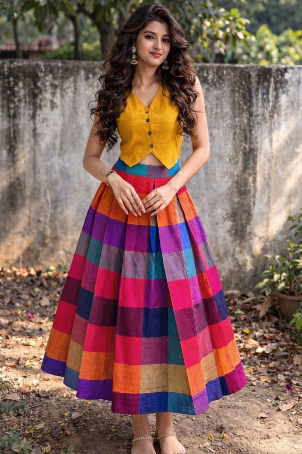 Midi length Madras checks combo variants with trendy crop top