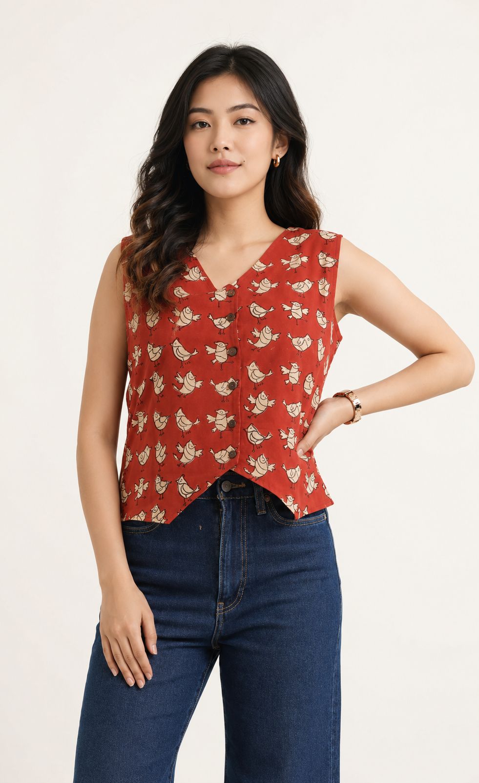 Sleeveless Cotton Block Printed Kothi Top Red