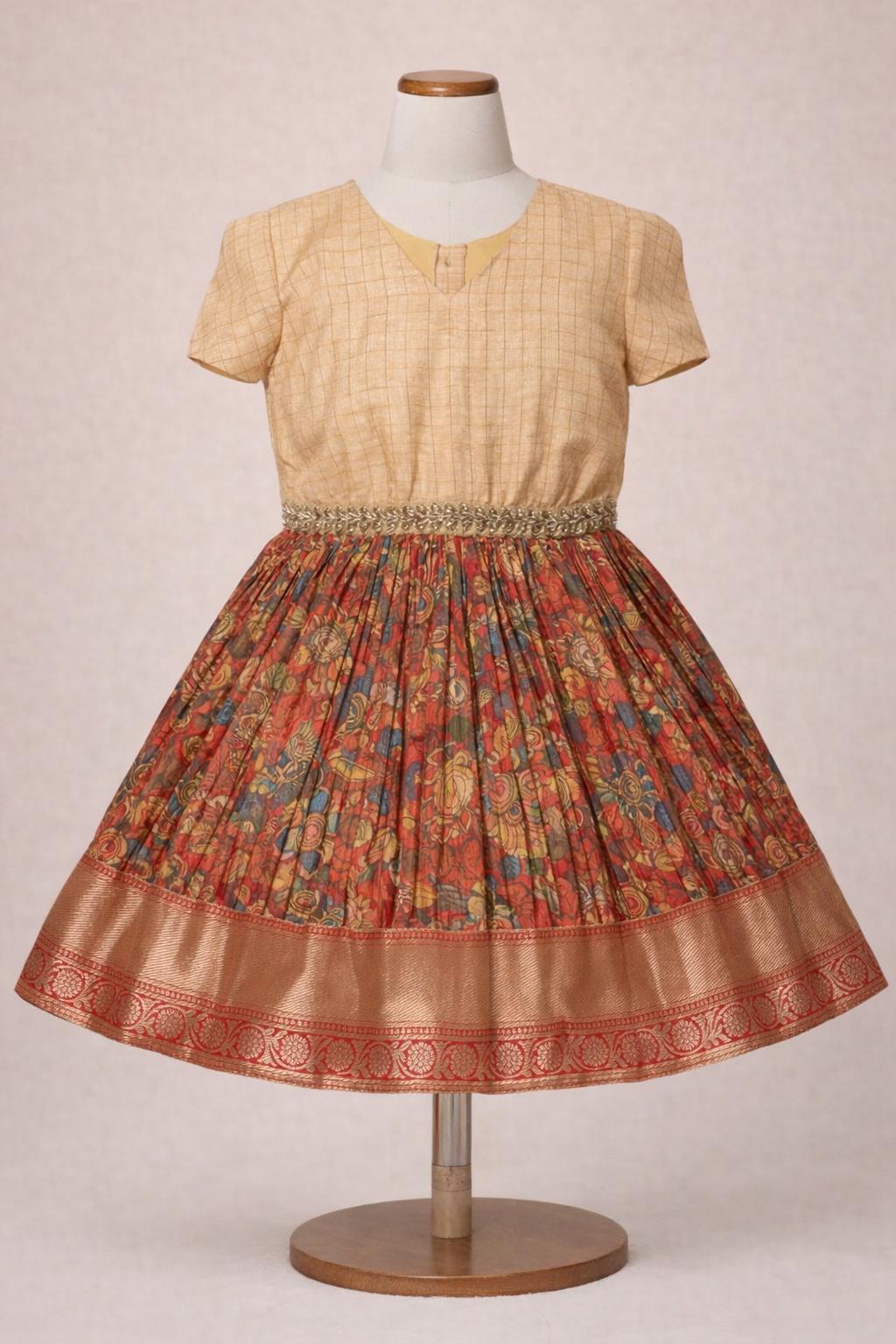 Girls Off-White and Maroon Silk Frock Type Suit with Embroidered Details