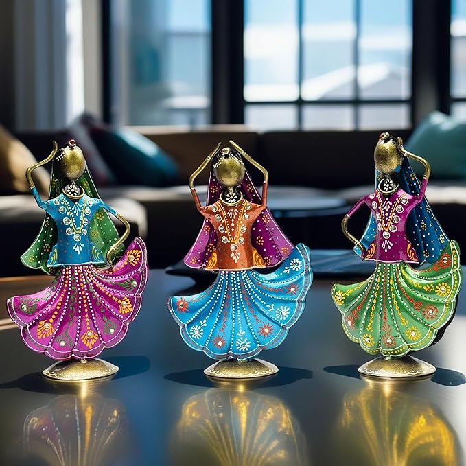 Set of 3 Metal Figurine Dancers Home Decor Item for Living Room, Bedroom, Wedding Festive Housewarming Gift Showpiece Rajasthani Dancing Dolls