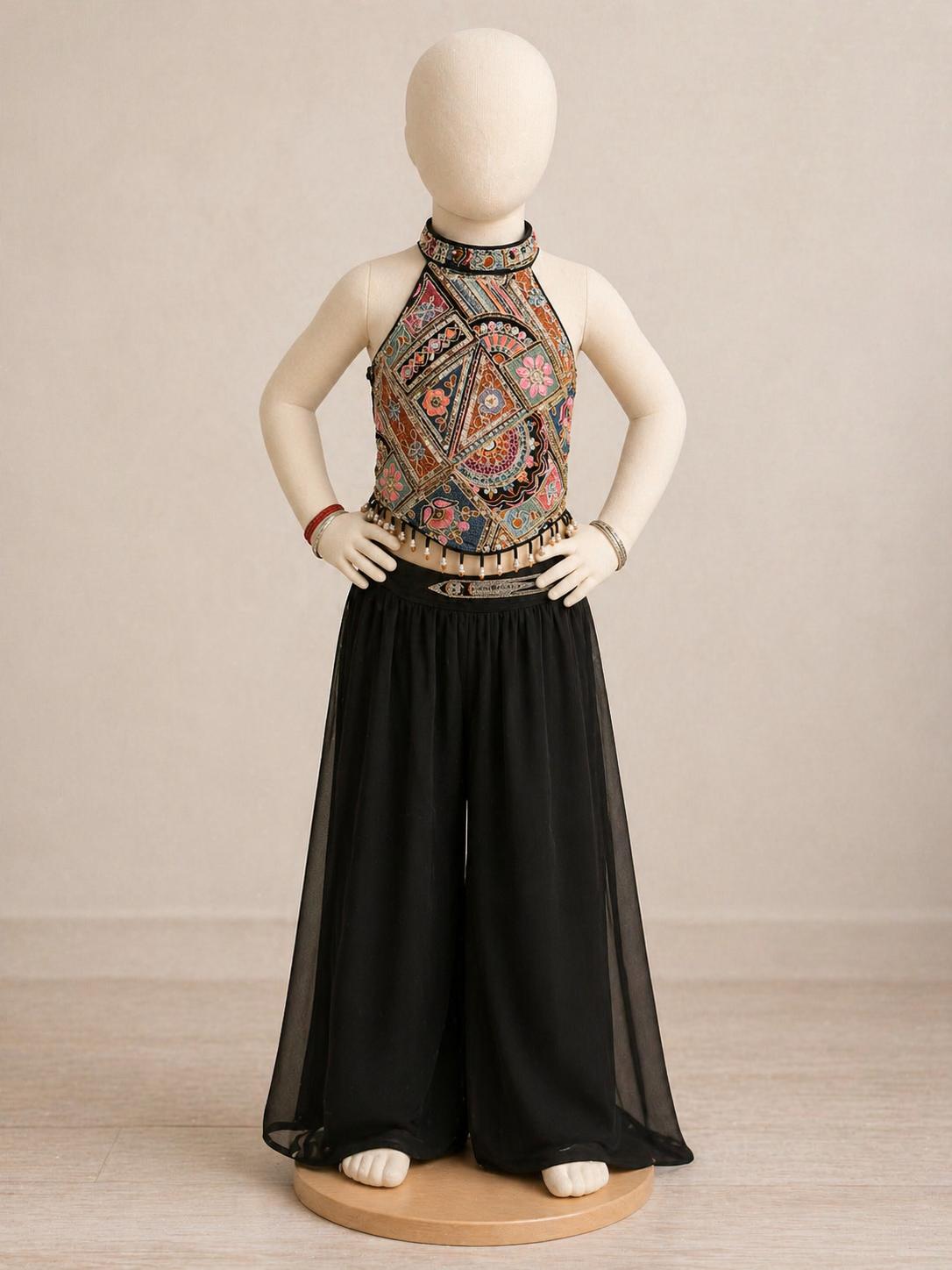 Girls Black Georgette Embroidered Sharara Plazo Set for Christmas Clothes × 1