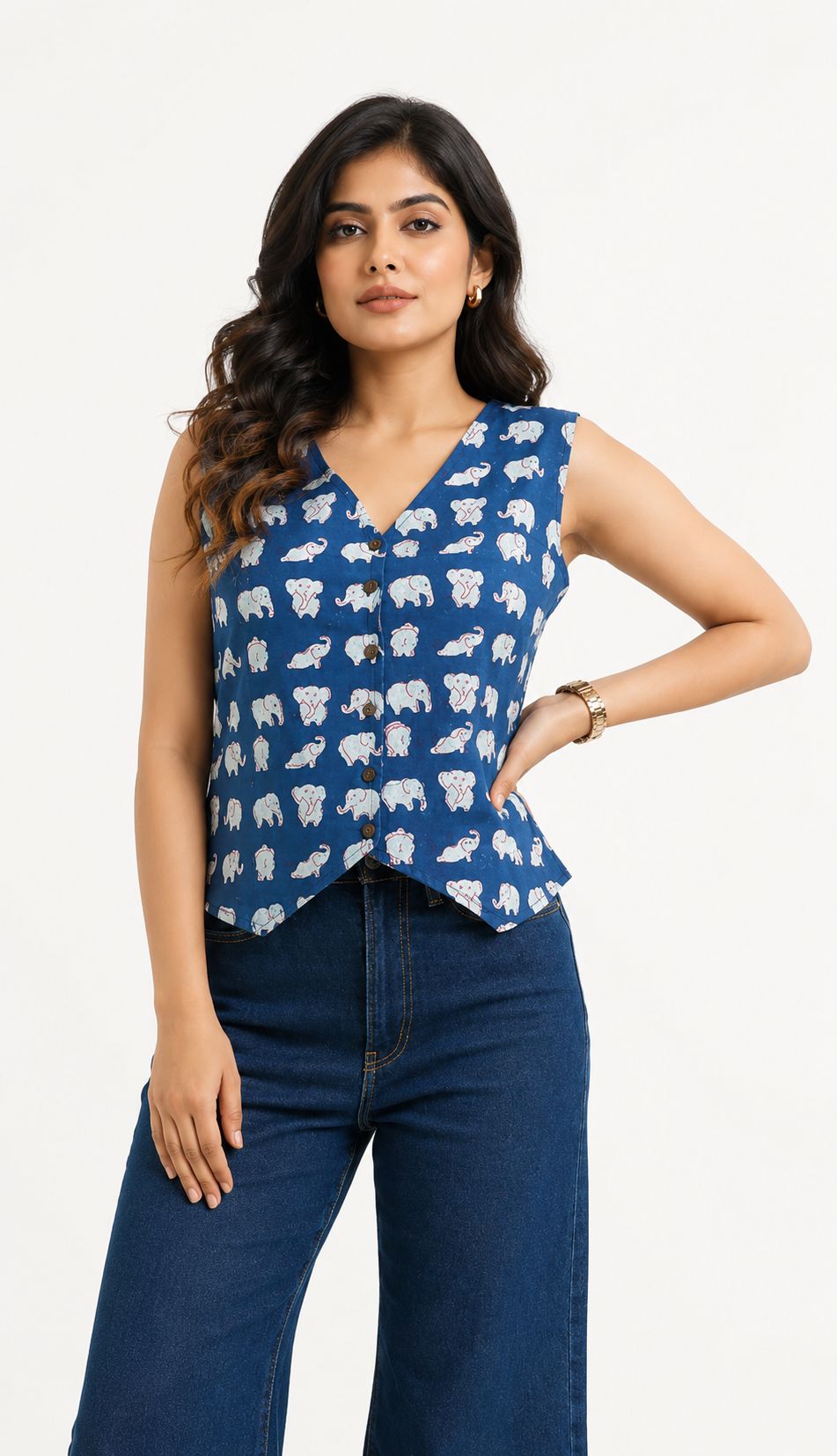 Sleeveless Cotton Block Printed Kothi Top Indigo