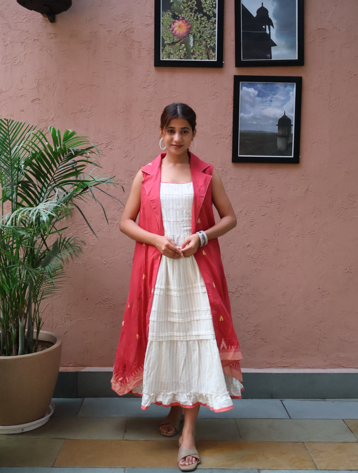 White dress with red shrug