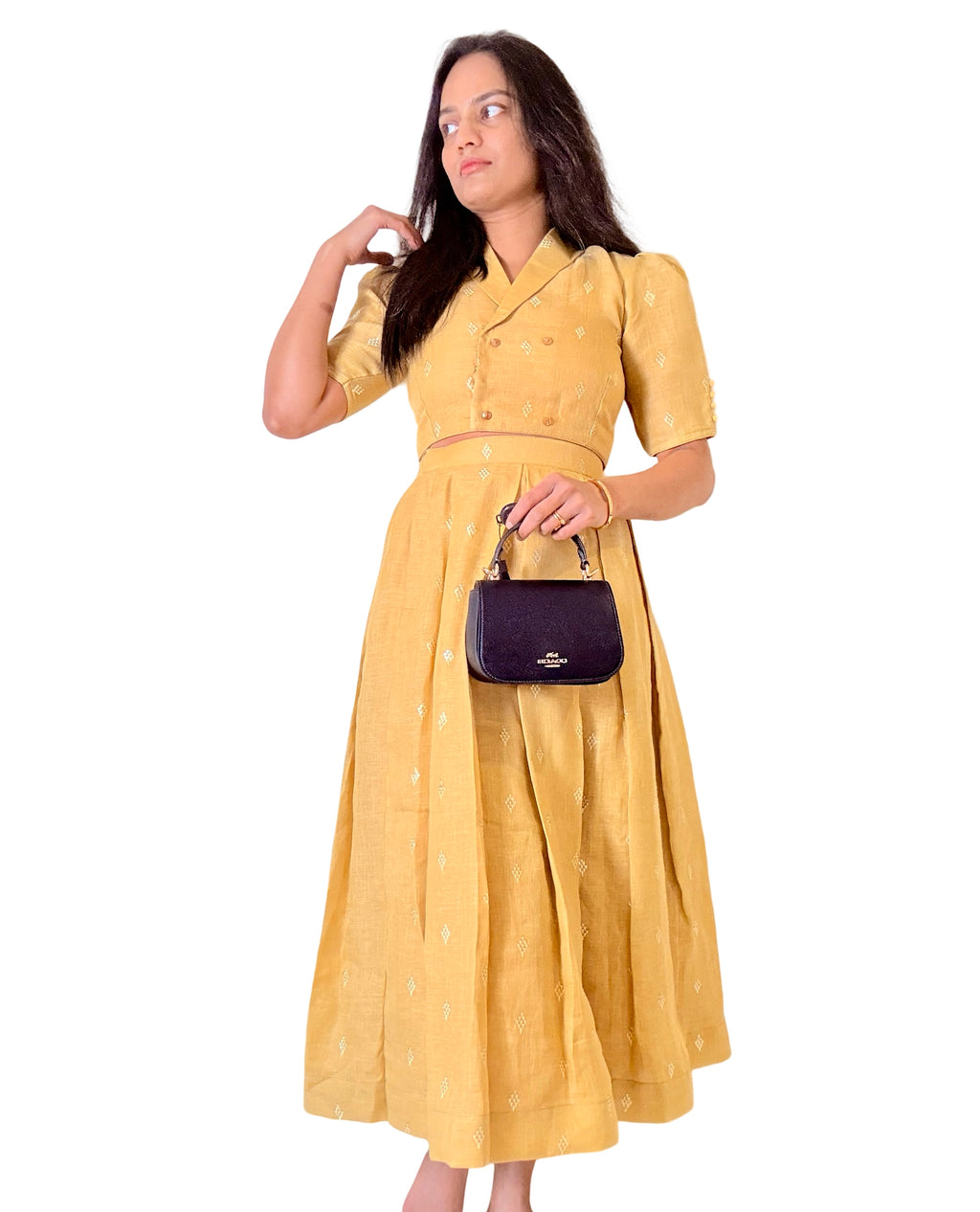 Mustard Embroidered Lenin Fabric Crop top and skrit Set