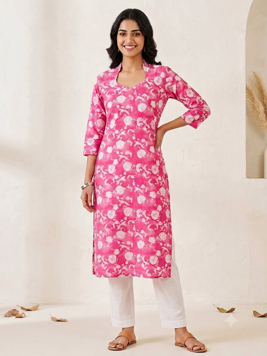 Pink Floral Print Linen Kurta