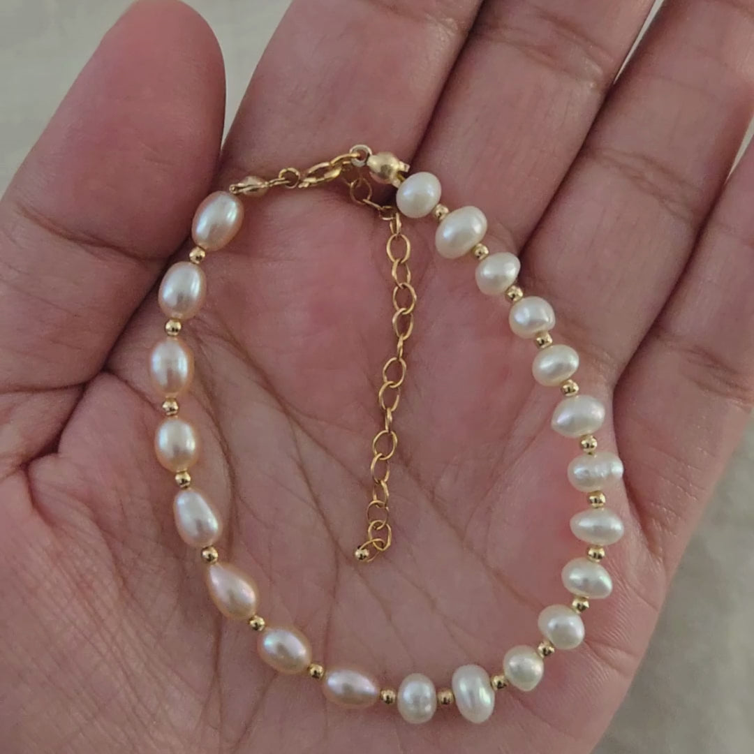 14k Gold Filled Pink and White Freshwater Pearl Bracelet