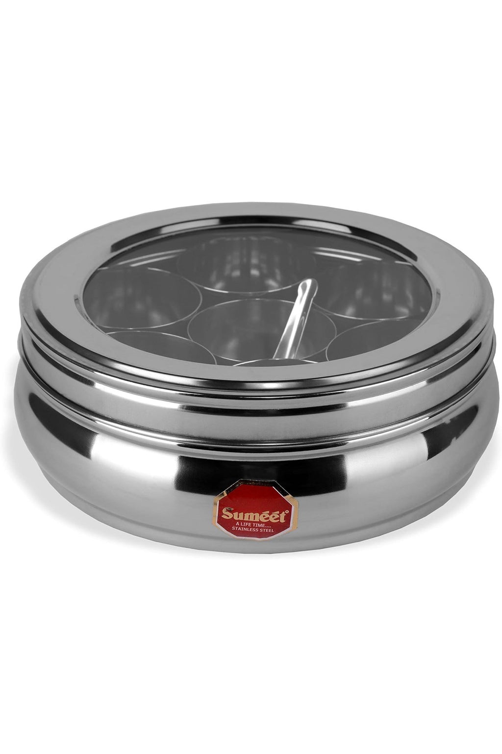 Sumeet Stainless Steel Belly Shape Masala (Spice) Box/Dabba/Organiser With See Through Lid With 7 Containers And Small Spoon (Medium) Beige