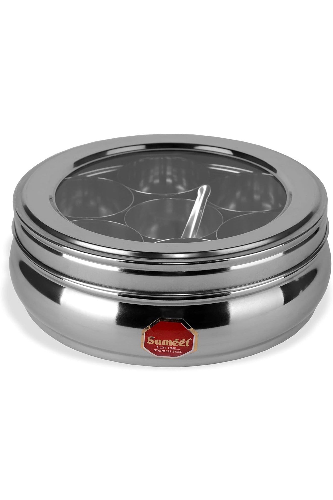 Sumeet Stainless Steel Belly Shape Masala (Spice) Box/Dabba/Organiser With See Through Lid With 7 Containers And Small Spoon (Medium) Beige