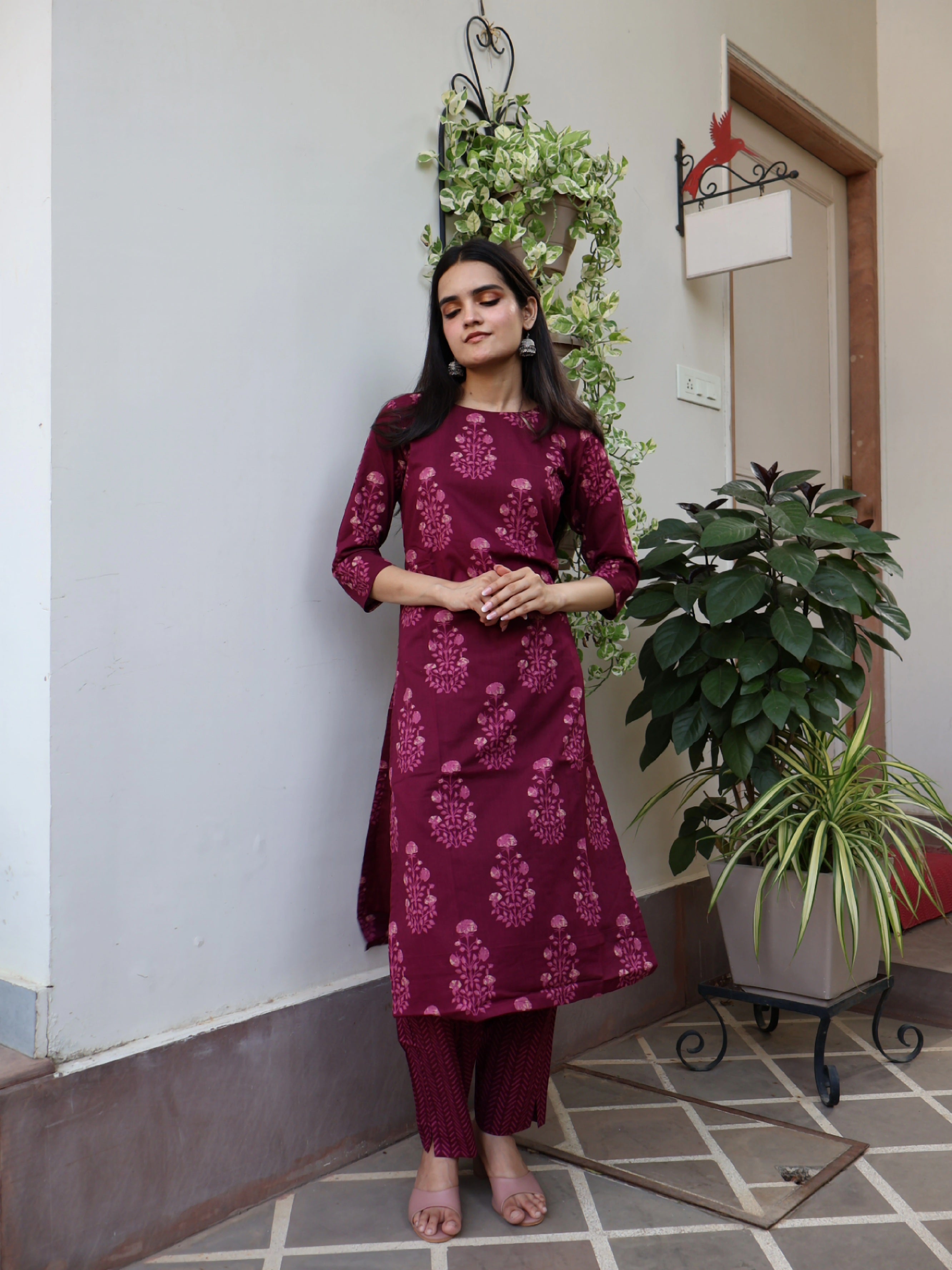 Maroon Block-Print Straight Coord Set