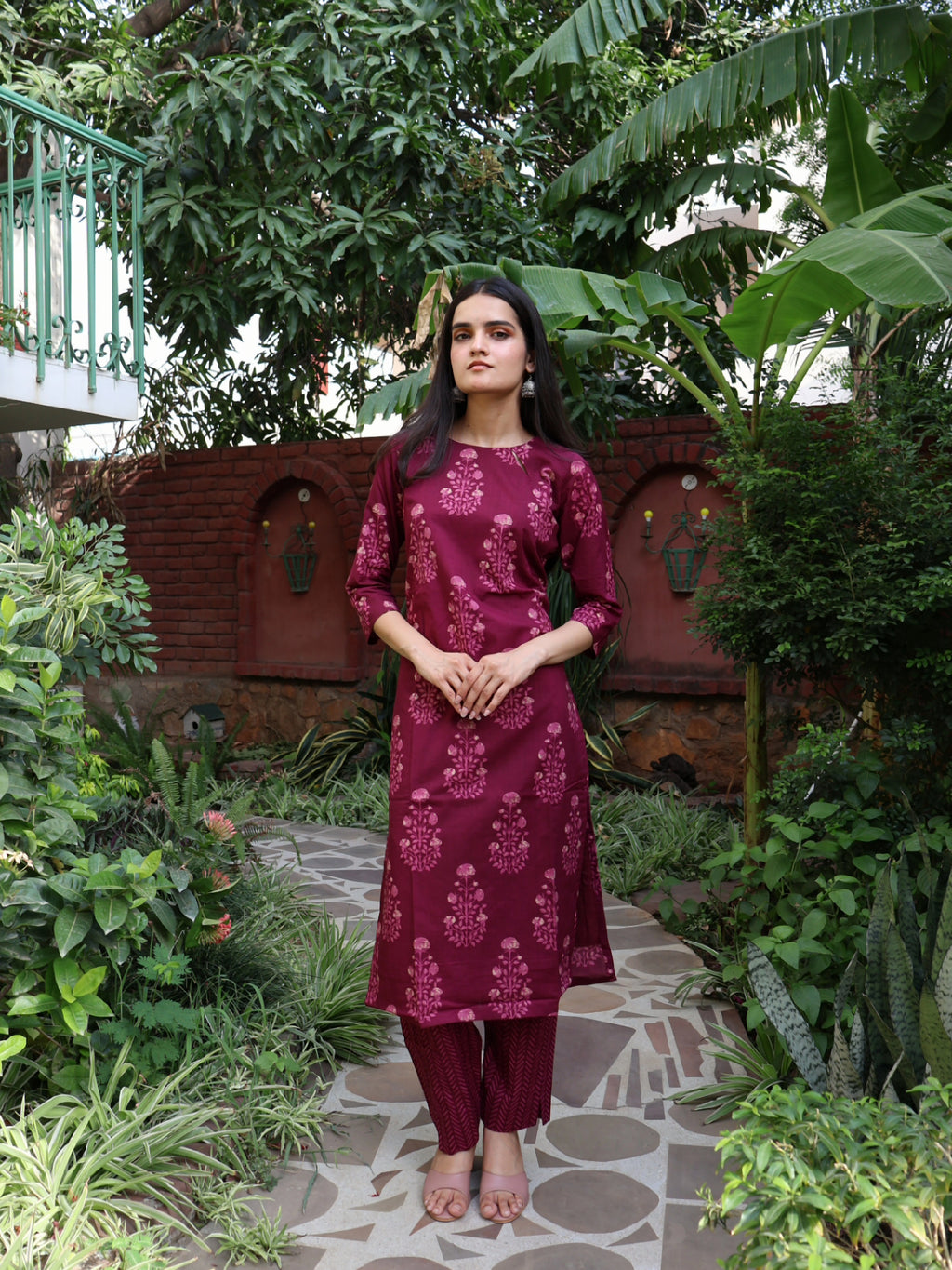 Maroon Block-Print Straight Coord Set