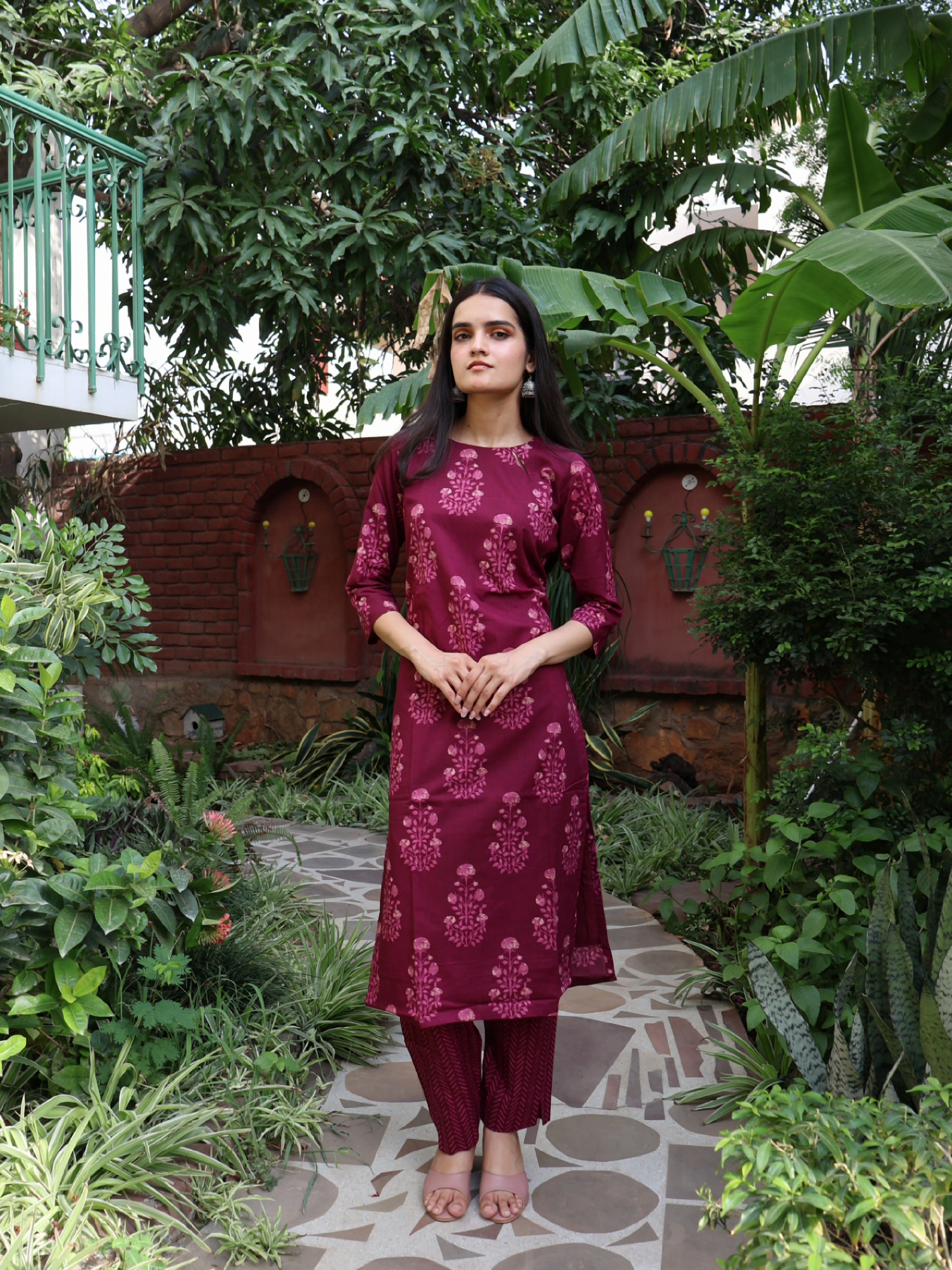 Maroon Block-Print Straight Coord Set