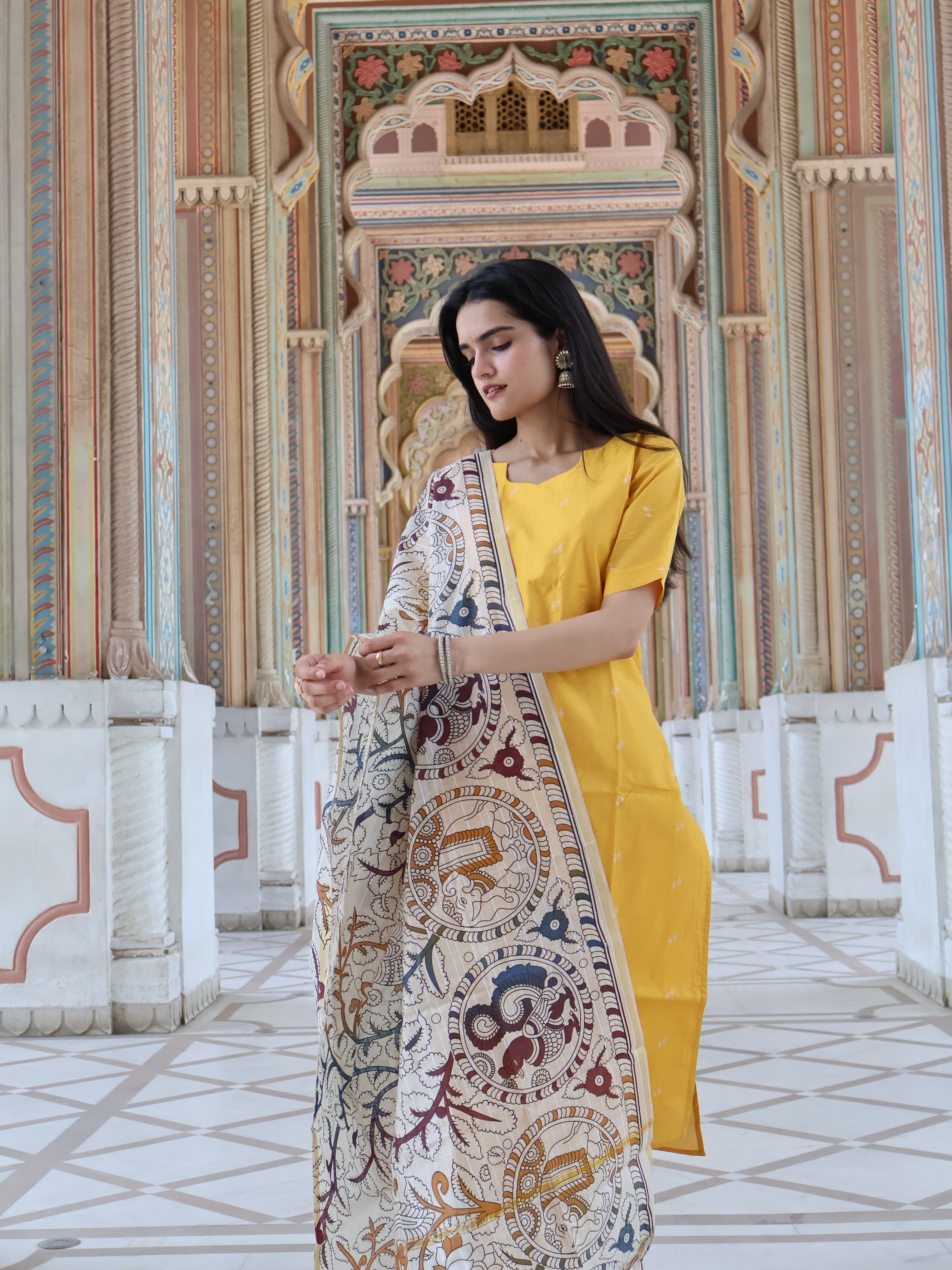 Yellow Kalamkari Raw Silk Suit Set