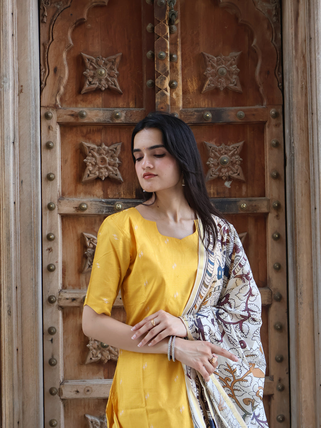Yellow Kalamkari Raw Silk Suit Set