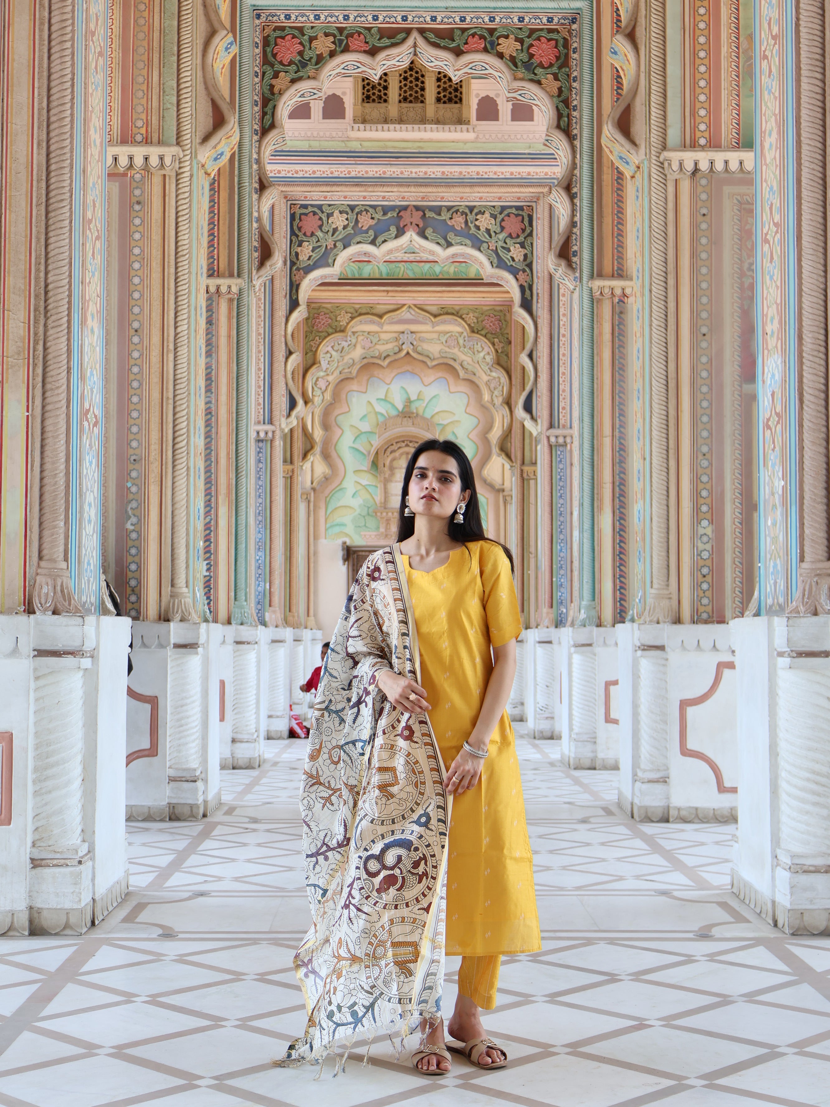 Yellow Kalamkari Raw Silk Suit Set
