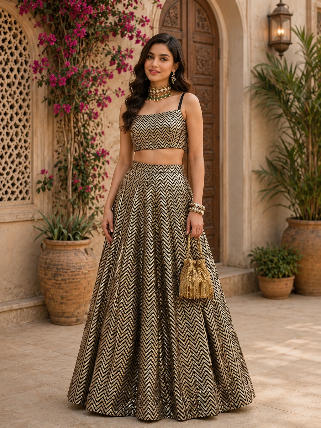 Black Weave Indo-Western Lehenga Set