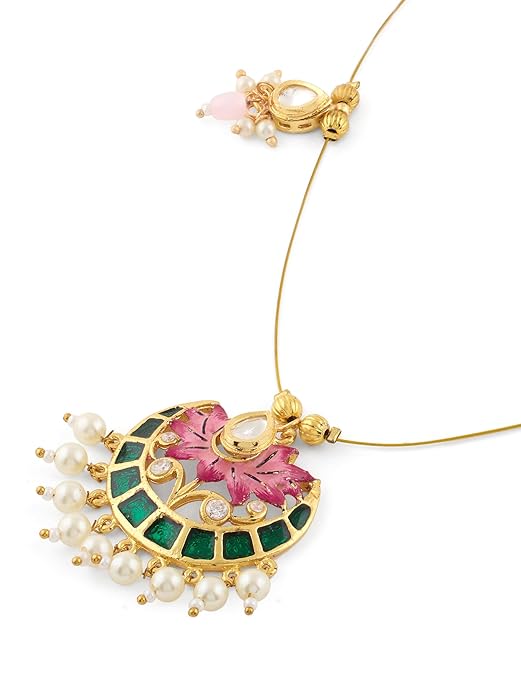 ZAVERI PEARLS Green Pink Meenakari Lotus Design Kundan Embellished Necklace & Earring Set For Women-ZPFK19169