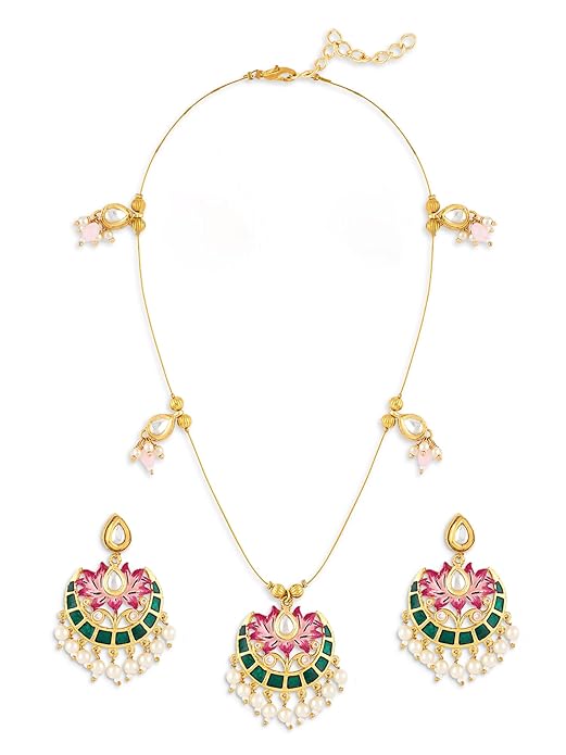ZAVERI PEARLS Green Pink Meenakari Lotus Design Kundan Embellished Necklace & Earring Set For Women-ZPFK19169