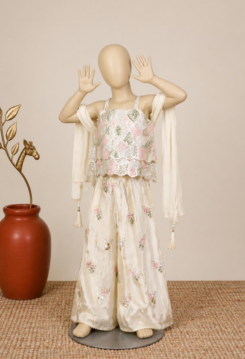 Girls Cream Sharara Set with Sequin Embroidery
