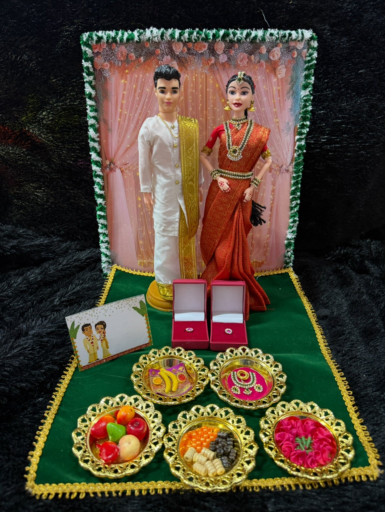 Engagement couple doll set  Dolls height 12 inches Miniature plates  Ring boxes  Name card  Includes backdrop mdf  Base mat   Full set size 14/12 inches  | Fiber dolls |  Completely dismantled