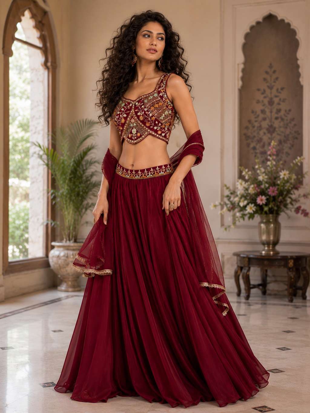 Wine Georgette Lehenga