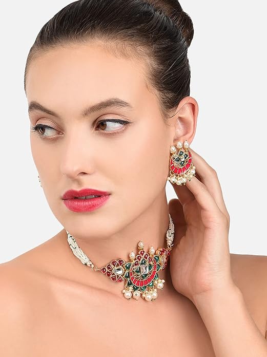 ZAVERI PEARLS Pink & Green Meenakari Multistrand Pearls Choker Necklace & Earring Set For Women-ZPFK10242