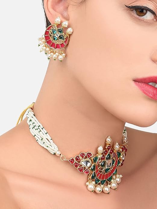 ZAVERI PEARLS Pink & Green Meenakari Multistrand Pearls Choker Necklace & Earring Set For Women-ZPFK10242