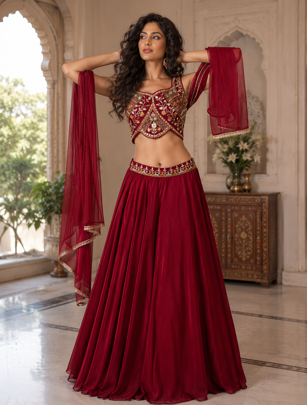 Wine Georgette Lehenga