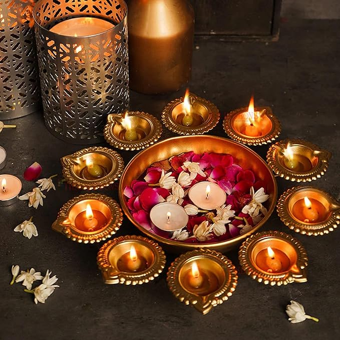 Tied Ribbons Urli Bowl with 10 Attached Oil Diyas for (Metal 29 Cm X 5 Cm) Decoration Items for Living Room Pooja Room Urli Bowls Aesthetic Decorative -House Warming Gifts Gold
